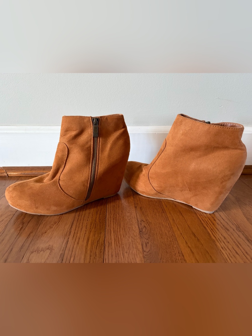 BAMBOO Suede Wedge Ankle Booties - Cognac Brown